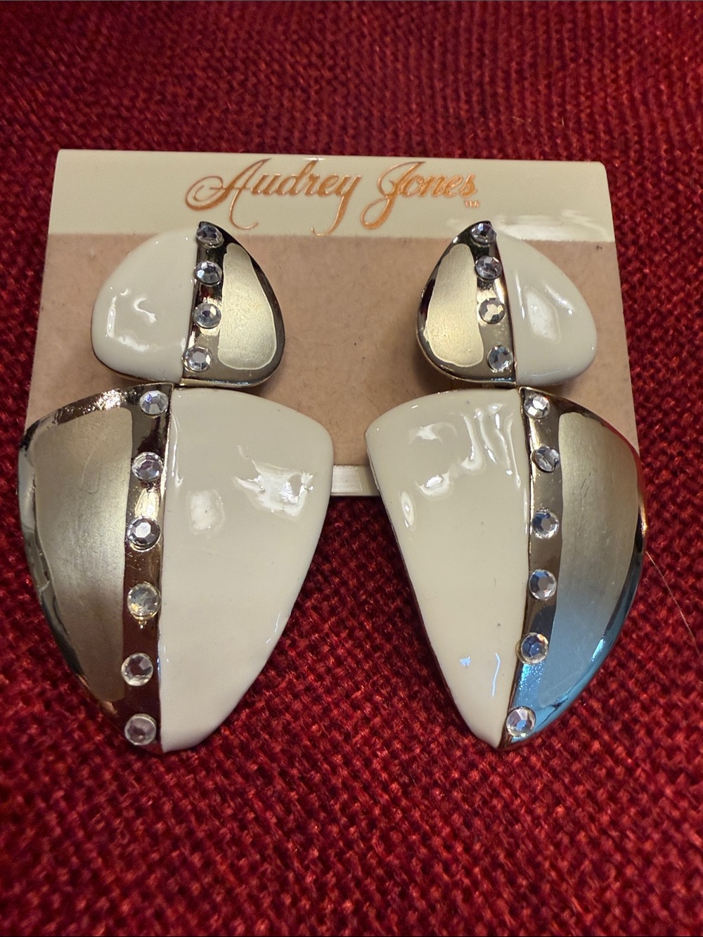 Cream and Silver Geometric Rhinestone Clip-On Earrings